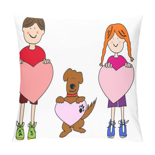 Personality  Cartoon Kids And Dog Holding Heart Shapes Pillow Covers