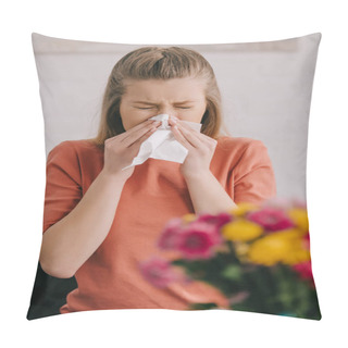 Personality  Selective Focus Of Blonde Woman With Pollen Allergy Sneezing In Tissue With Closed Eyes Near Flowers Pillow Covers