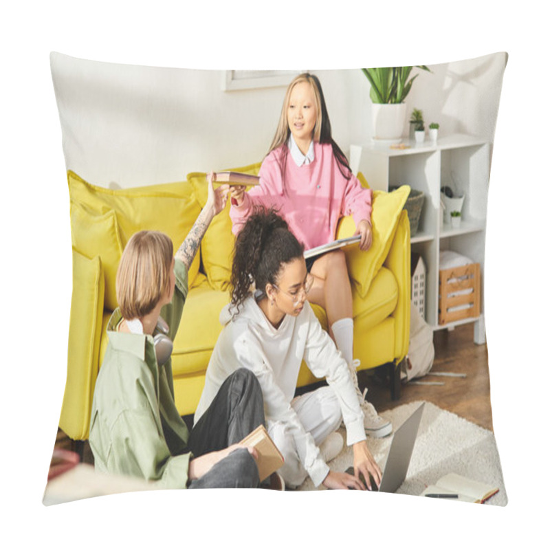 Personality  Diverse group of children happily sit together on top of a vibrant yellow couch. pillow covers