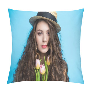 Personality  Attractive Young Woman With Long Curly Hair In Canotier Hat Holding Beautiful Tulips Pillow Covers