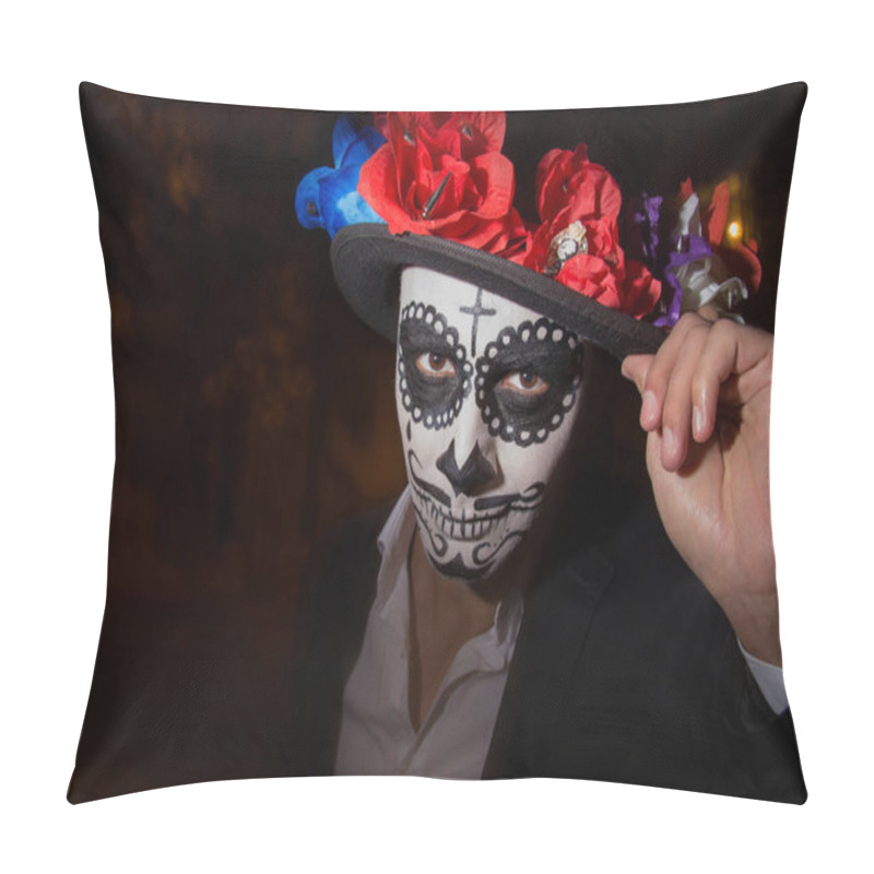 Personality  a man with a painted face of a skeleton, a dead zombie, in the city during the day. day of all souls, day of the dead, halloween, ghost walk in a hat pillow covers