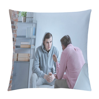 Personality  A Psychology Specialist Explaining An Action Plan For Recovery To A Troubled Teenage Boy During An Individual Therapy Session. Pillow Covers