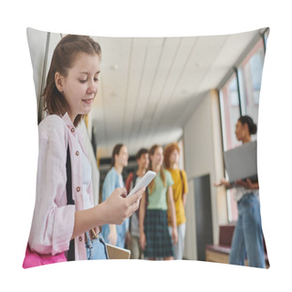 Personality  Happy Girl Using Smartphone, Chatting And Standing In School Hallway, Diversity, Teacher, Kids, Blur Pillow Covers
