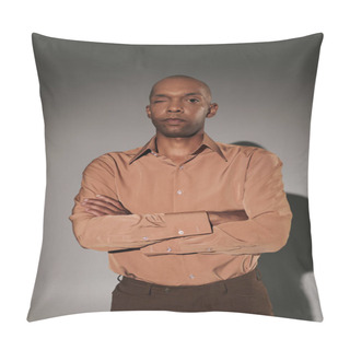 Personality  Real People, Bold African American Man With Myasthenia Gravis Standing With Folded Arms On Grey Background, Dark Skinned Person In Shirt, Smart Casual, Diversity And Inclusion, Physical Impairment  Pillow Covers