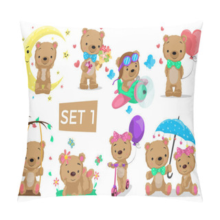 Personality  Cute Bears. Teddy Bear Character Posing In Different Situations. Kids Bears Illustration For Card, Posters, Invitations, Presentations And Other. Vector Ilustration. Set 1 Pillow Covers