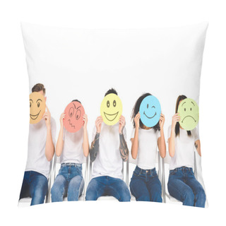Personality  Multicultural Friends In Blue Jeans Sitting On Chairs And Holding Multicolored Signs Isolated On White Pillow Covers