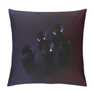Personality  Reflecting Camera Lenses On Dark Surface Pillow Covers