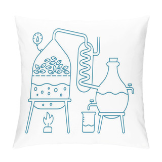 Personality  Essential Oil Making. Distillations Aromatic Oils Production Perfumery Substances Distiller Equipment. Contour Blue Line Vector. Pillow Covers