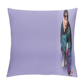 Personality  Young Woman In Vintage Jacket Posing On Haunches And Looking Away On Purple Background, Banner Pillow Covers