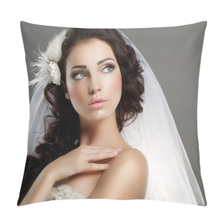Personality  Wedding. Young Gentle Quiet Bride In Classic White Veil Looking Away Pillow Covers