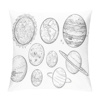 Personality  Solar System Planets Isolated Vector.  Set Of Isolated Stylized Planets, Sketch Style. Sun, Mars, Earth. Pillow Covers