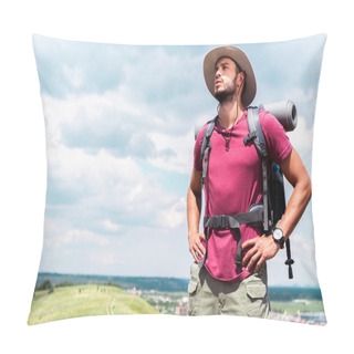Personality  Handsome Hiker In Hat With Backpack And Tourist Mat Pillow Covers