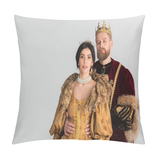 Personality  King With Crown Hugging Attractive Queen Isolated On Grey Pillow Covers