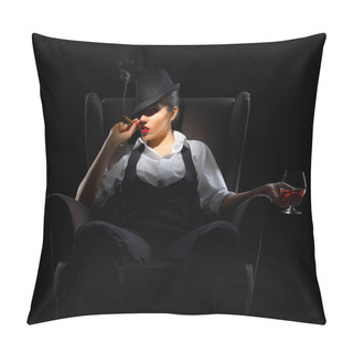 Personality  Young Woman With Cigar And Brandy Glass On Chair Pillow Covers