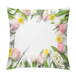 Personality  Frame Made Of Spring Flowers On White Background, Top View With Space For Text Pillow Covers