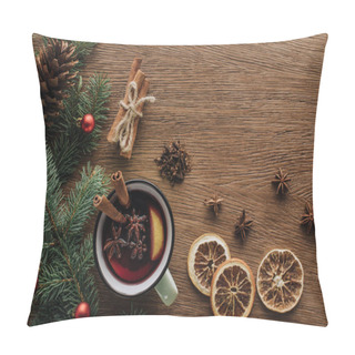 Personality  Top View Of Mulled Wine, Dried Oranges And Fir Twigs With Baubles On Wooden Tabletop, Christmas Concept Pillow Covers