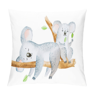 Personality  Watercolor Illustration Of Two Adorable Cartoon Koala Bears Sitting On Eucalyptus Tree Branch Pillow Covers