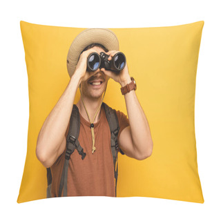 Personality  Smiling Traveler In Hat With Backpack Looking Through Binoculars  On Yellow Pillow Covers