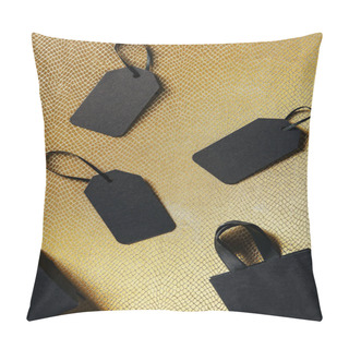 Personality  Top View Of Black Blank Price Tags, Box And Shopping Bag On Golden Backdrop, Black Friday Concept Pillow Covers