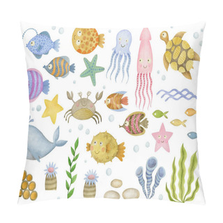 Personality  Cute Watercolor Set Of Cartoon Underwater Ocean Sea Animals. Pillow Covers