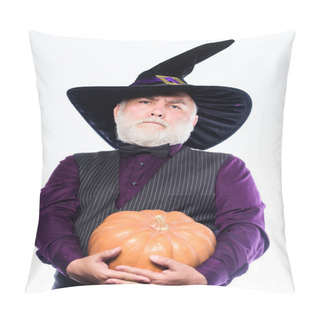 Personality  Experienced And Wise. Halloween Tradition. Wizard Costume Hat Halloween Party. Magician Witcher Old Man. Senior Man White Beard Celebrate Halloween With Pumpkin. Cosplay Outfit. Magic Concept Pillow Covers