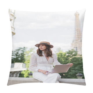 Personality  Fashionable Freelancer In Sun Hat Using Laptop On Urban Street With Blurred Eiffel Tower At Background In Paris  Pillow Covers