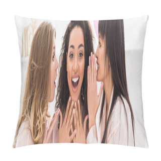 Personality  Panoramic Shot Of Excited Multicultural Girlfriends Whispering And Gossiping On Pajama Party Pillow Covers