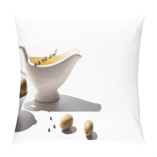 Personality  Olive Oil In Sauce Boat Near Green Olives In Bowl And Black Pepper On White Background Pillow Covers