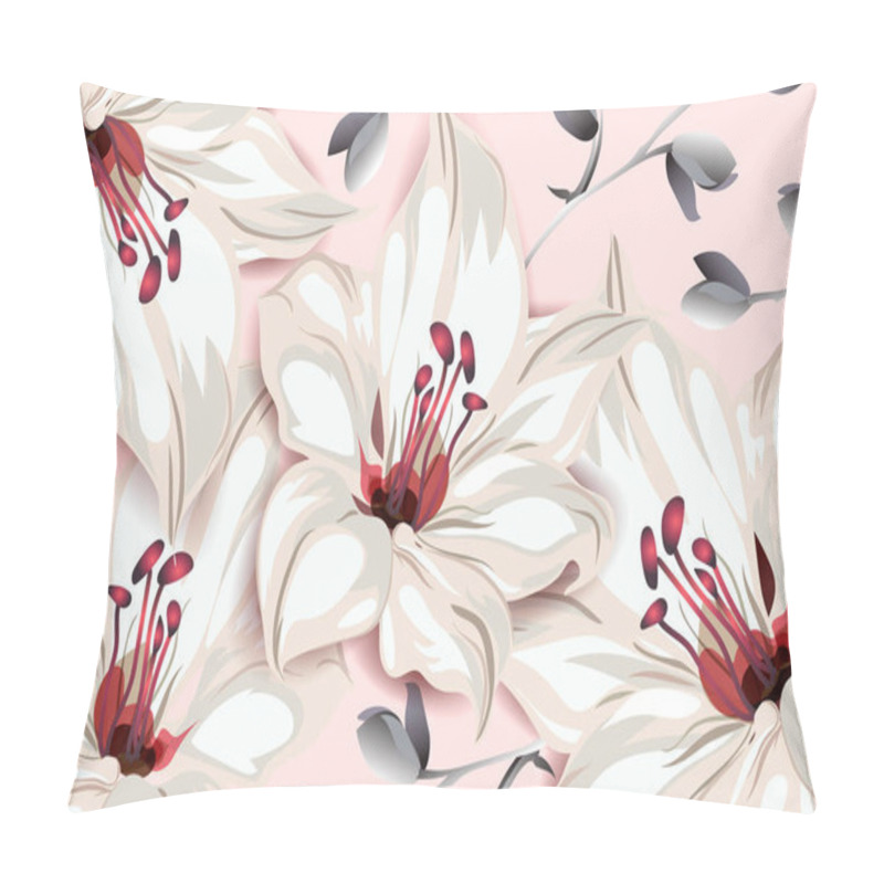 Personality  Botanical template design, pink lily flowers and leaves on pink background, vintage style. Vector illustration. pillow covers