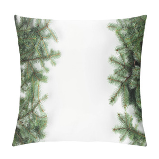 Personality  Top View Of Beautiful Evergreen Fir Twigs On White Background Pillow Covers