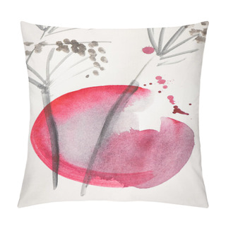 Personality  Japanese Painting With Flowers And Pink Circle On White  Pillow Covers