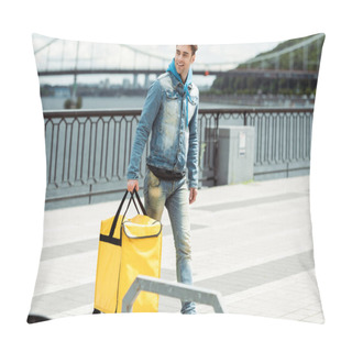 Personality  Selective Focus Of Smiling Courier With Thermo Bag Walking On Urban Street  Pillow Covers
