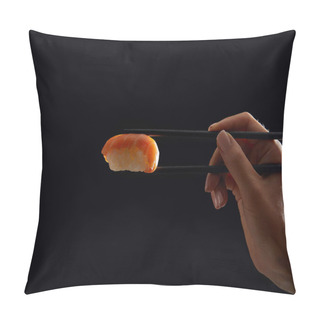 Personality  Cropped Hot Of Woman Holding Nigiri Sushi With Salmon Isolated On Black Pillow Covers