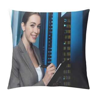 Personality  Cheerful Businesswoman Writing While Holding Clipboard In Server Room  Pillow Covers