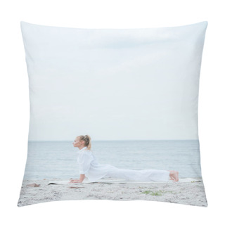Personality  Side View Of Young Woman Practicing Yoga Near River  Pillow Covers