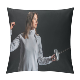 Personality  Beautiful Swordswoman In Fencing Suit Holding Rapier And Looking Away Isolated On Black  Pillow Covers