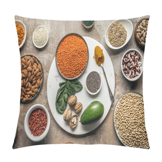 Personality  Flat Lay Of Superfoods, Legumes, Nuts And Avocado On Textured Rustic Background Pillow Covers
