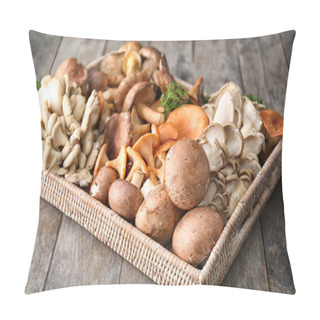 Personality  Wicker Tray With Variety Of Raw Mushrooms On Wooden Table Pillow Covers