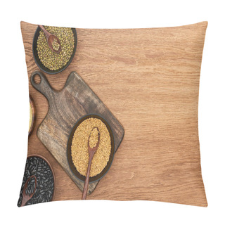 Personality  Top View Of Cutting Board With Bowls With Black Beans, Maash, Couscous And Buckwheat On Wooden Surface Pillow Covers