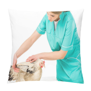 Personality  Portrait Of Veterinarian Examining Chicken Isolated On White Pillow Covers