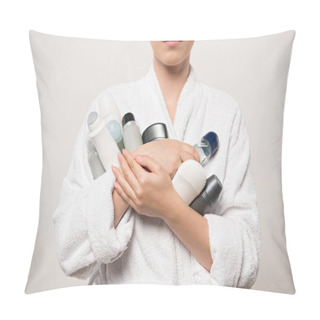 Personality  Cropped View Of Woman In Bathrobe Holding Different Deodorants Isolated On Grey Pillow Covers