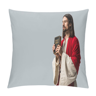 Personality  Handsome Bearded Man Holding Holy Bible Isolated On Grey  Pillow Covers