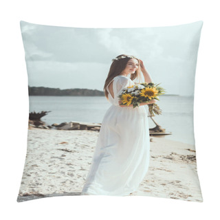 Personality  Attractive Girl In Elegant Dress And Floral Wreath Holding Sunflowers On Seashore Pillow Covers