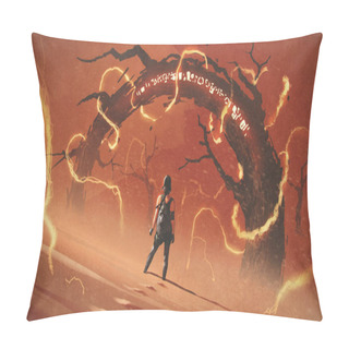 Personality  Adventure Scene Showing The Young Woman Standing In Front Of The Odd Tree Gate With Lightning Effects Against Red Desert, Digital Art Style, Illustration Painting Pillow Covers