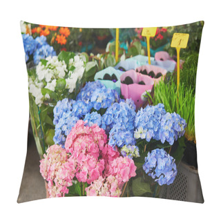 Personality  Hydrangea Flowers On Farmer Market In Paris, France. Typical European Flower Shop Pillow Covers