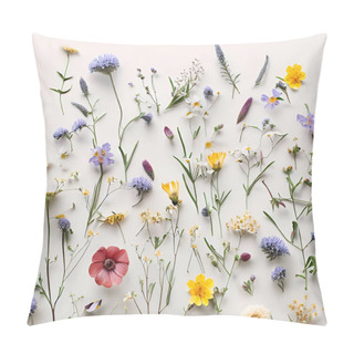 Personality  Various Wild Flowers Lying On Neutral White Background, Flat Display Pillow Covers