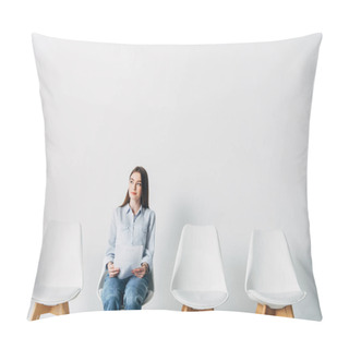 Personality  Attractive Employee With Resume Looking Away On Chair In Office  Pillow Covers