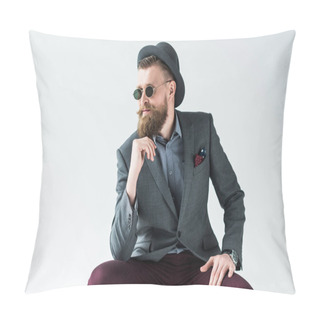 Personality  Handsome Man In Vintage Style Clothes Wearing Hat And Sunglasses Isolated On Light Background Pillow Covers