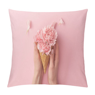 Personality  Cropped Shot Of Woman Holding Wafer Cone With Beautiful Tender Flowers Isolated On Pink  Pillow Covers