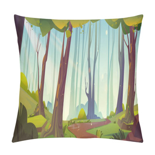 Personality  Footpath In Summer Forest On Sunny Day. Vector Cartoon Illustration Of Woodland With Green Trees, Bushes, Grass, Sun Shining And Shimmering Bright. Beautiful Nature Landscape. Travel Game Background Pillow Covers